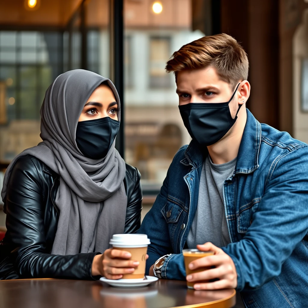 Jamie Dornan's head and body shot, handsome, black face mask, blue jeans jacket, jeans, dating with a grey hijab Muslim girl, beautiful eyes, black face mask, black leather jacket, biggest tiger pattern skirt, at a cafe, cup of latte, photorealistic.