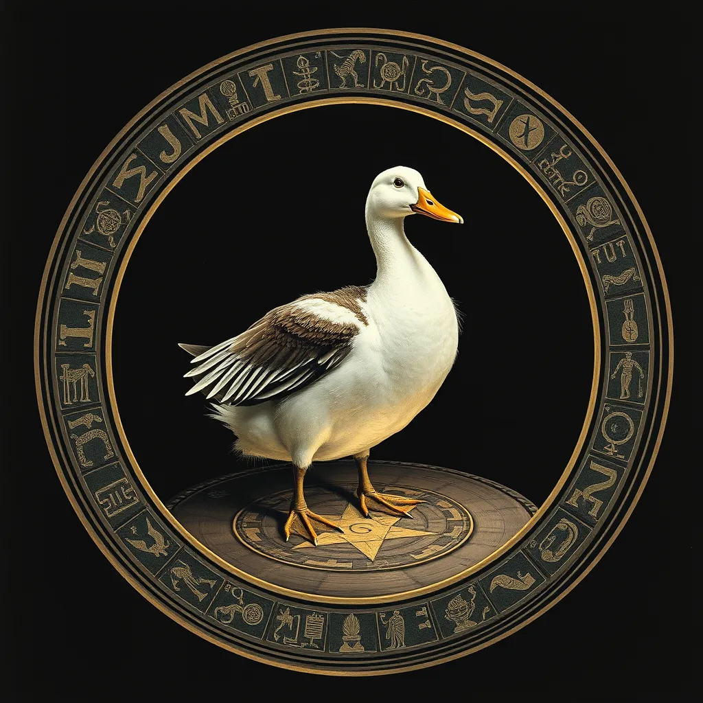 Duck performing a ritual standing within a magic circle with ancient runes, dark background. - Image