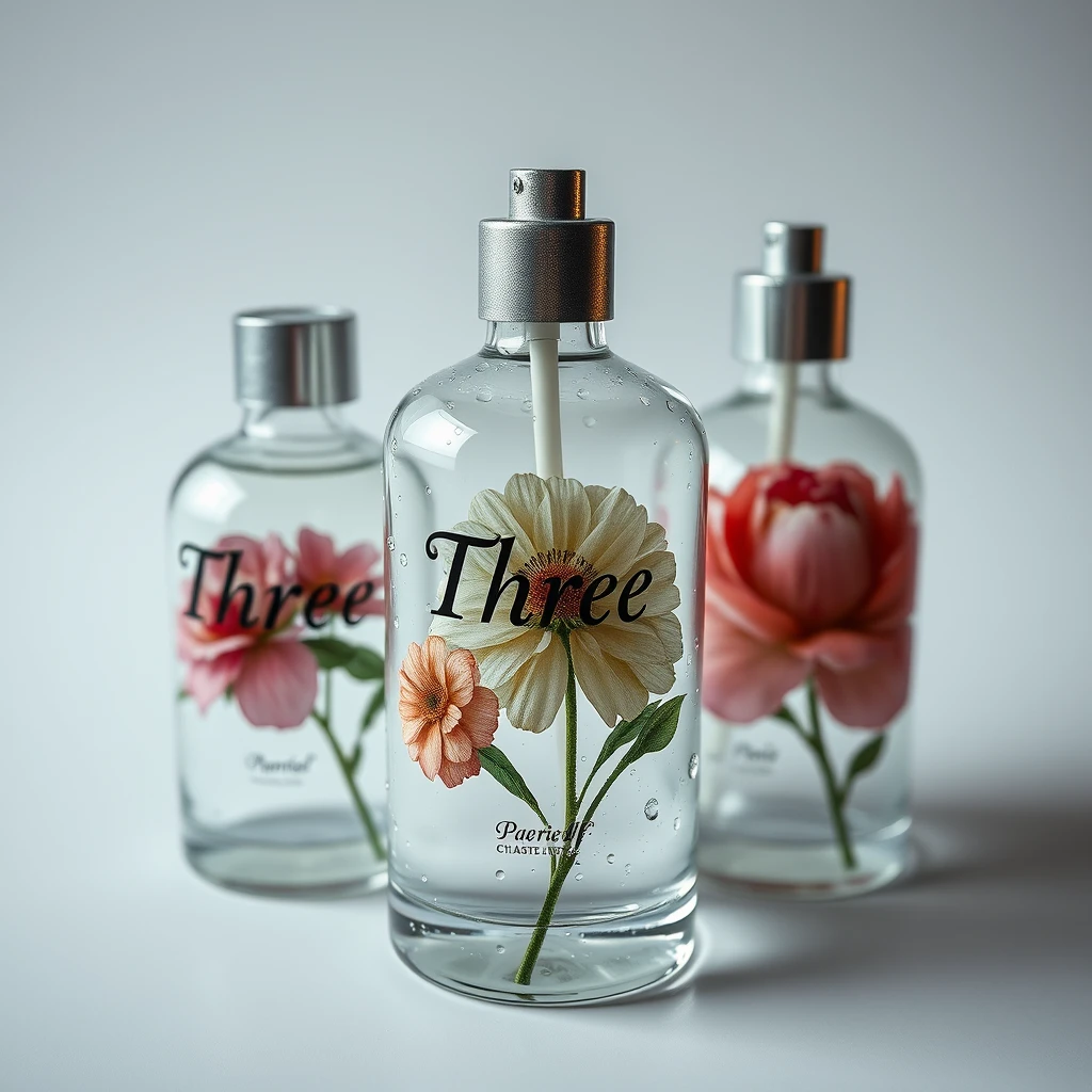 Realistic photography, limited edition glass cosmetic bottles from Paris, the glass bottles are printed with "Three" and representative floral images, on a white background, with dew on the surface of the bottle, featuring epic visual effects and exquisite printing technology, intricate details, and rich textures.