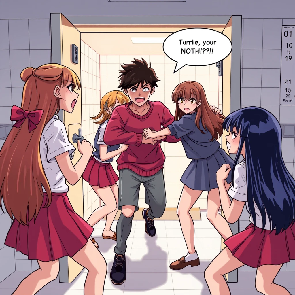 A group of beautiful girls angrily kicking or punching a boy in the girls' bathroom at school, comic. - Image