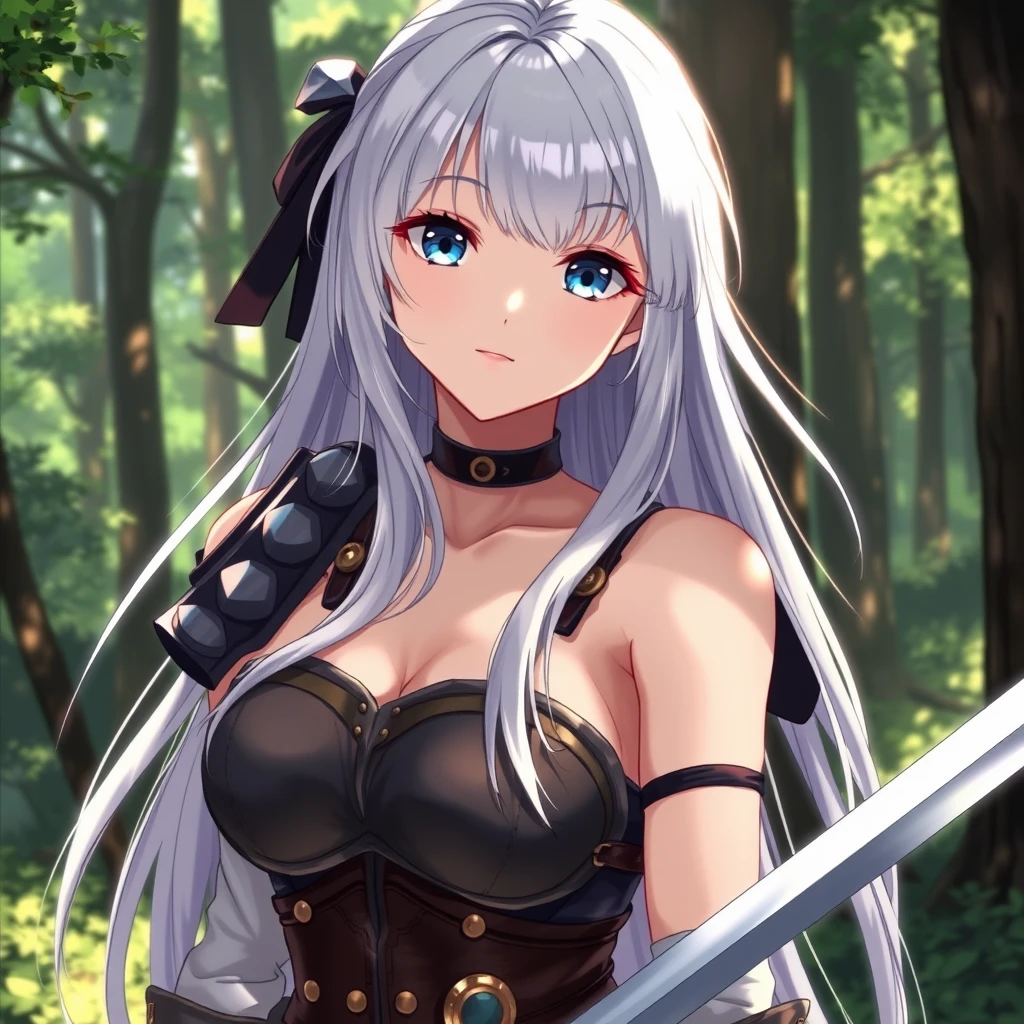 anime girl, beautiful, white hair, long hair, bangs, fair skin, big breasts, leather armor, sword, forest, dappled sunlight, upper body, looking at viewer - Image