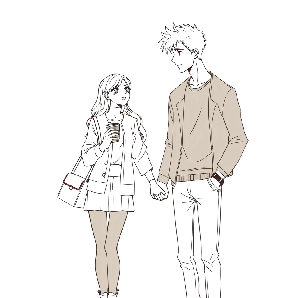 Anime lineart, young woman in fashion standing with a tall handsome boy, she is leaning on the boy, looking at him with love, simple background, cup, handbag, hand in hand.