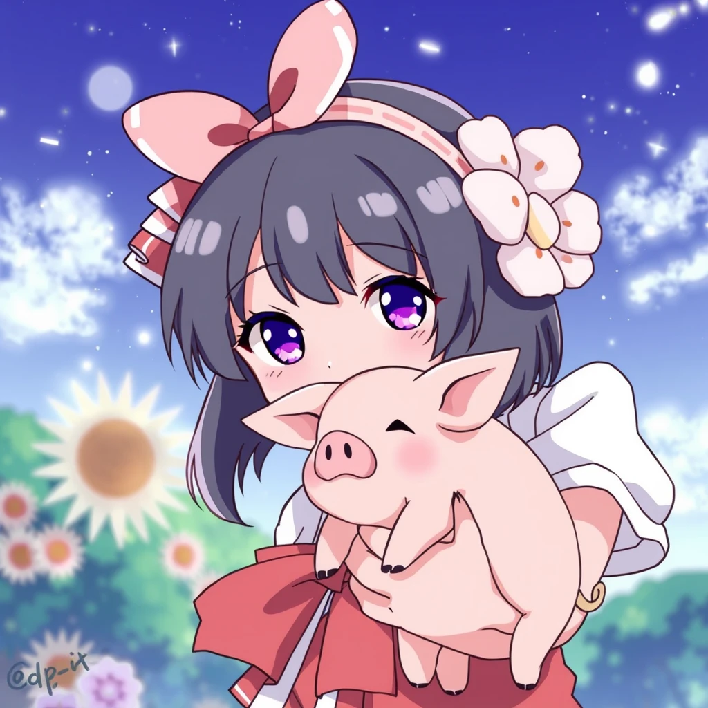 Japanese anime illustration: a girl with a pig in hand.