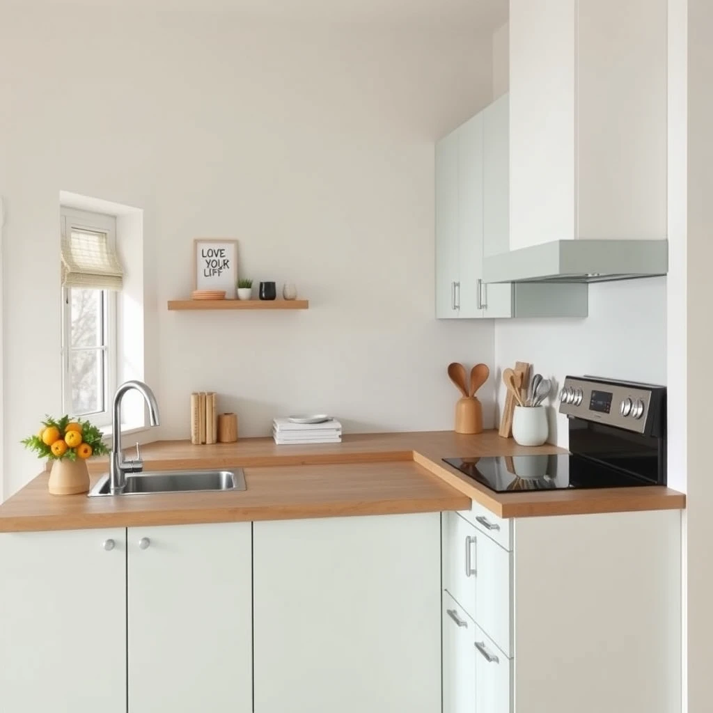 Minimalist and cheerful L-shaped kitchen platform with a sink in one corner, a window on one wall, and a cooktop next to another wall, featuring space-saving storage ideas with a fresh style and color palette, spacious enough for three people to work together.