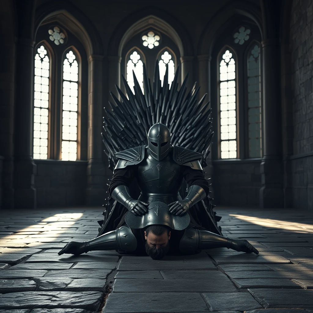 The photograph, taken with a professional lens, captures a scene of stark devotion and humility set against the imposing backdrop of a medieval European throne room. The cold, harsh light filtering through the arched windows casts long, dramatic shadows across the worn stone floor, highlighting the textures of rough-hewn stone and polished steel. The central focus is the iconic Iron Throne, its jagged edges and imposing presence looming over the figure kneeling before it.

A handsome and powerful king, clad in full plate armor, is prostrated before the Iron Throne, his head bowed low in prayer. His strong arms and legs are positioned firmly on the ground, his body forming a posture of complete submission and reverence. The weight of the armor, a symbol of his worldly power, seems to bear down on him, further emphasizing the depth of his humility in this moment of profound spiritual connection. The king's face, though obscured by the helmet, hints at an expression of intense piety and unwavering faith. - Image