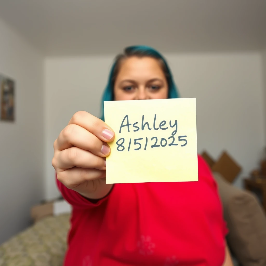 Photo taken on an iPhone of a girl holding up a sticky note to the camera that says “Ashley 8/5/2025” in handwritten script. It’s a wide focal length and is photorealistic. The background is a typical home setting, a blank drywall white wall. There isn’t any background blur. Smartphone photo, bad quality. There is no depth of field or any blur. F.16 aperture. 35mm lens. The girl is a white overweight woman with blue dyed hair.