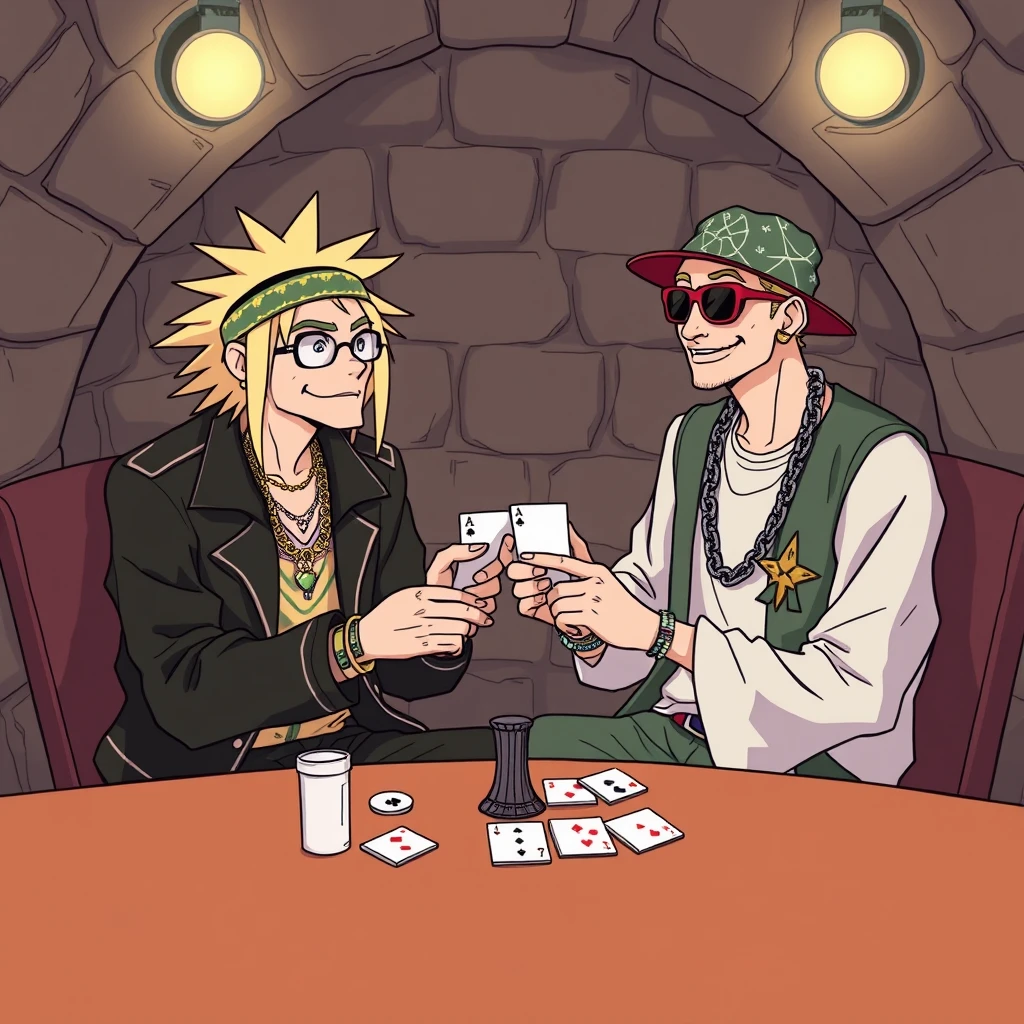 Slim Shady and Marshall Mathers are playing a game of cards. The setting takes place in a dungeon. They are dressed in their iconic attire, but with a hippie-influenced vibe. Anime-inspired drawing. They are vibing with each other and the camaraderie is strong and positive. - Image