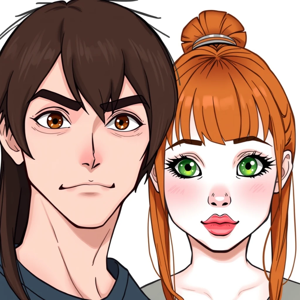 Young guy with long dark brown hair parted in the middle, sharp facial features, a smirk, pale skin, light brown eyes, thick eyebrows, and long eyelashes, next to a white cute ginger girl with a small nose, pink lips, green eyes, and long bangs.