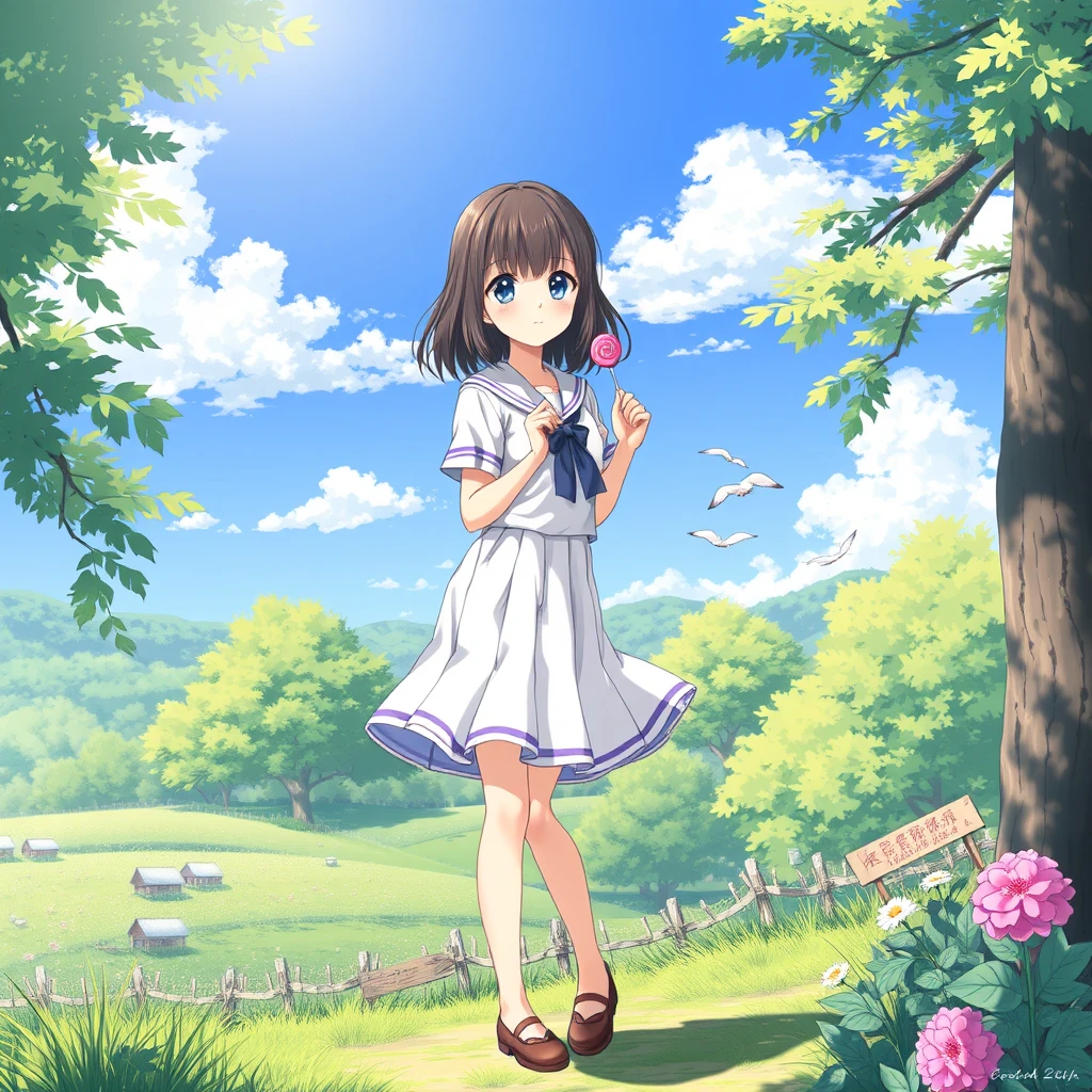 Japanese anime illustration: a girl in a sailor uniform with a short skirt, holding a lollipop, her silk outfit appears semi-transparent in the sunlight, depicted in a full-body view within a picturesque landscape. - Image