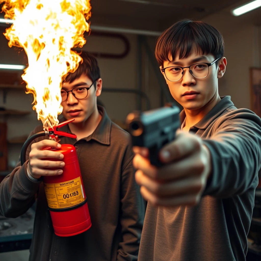 I want a 2-person set; they are two men, both 20 years old, and they look really angry with a murderous intent, set in a garage. The first man is an Italian white man. He has short black hair and wears round prescription glasses. In the scene, he's holding a very large fire extinguisher that shoots fire like a flamethrower. The second man is a Chinese man. He has a thin, long face, mid to long hair with a fringe, and wears square prescription glasses. He's holding a pistol aimed at the screen. - Image