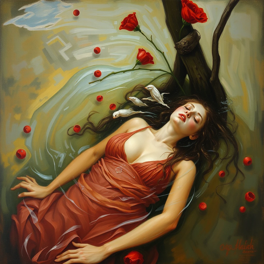 Ophelia drowning in the river of borsch, oil painting on canvas