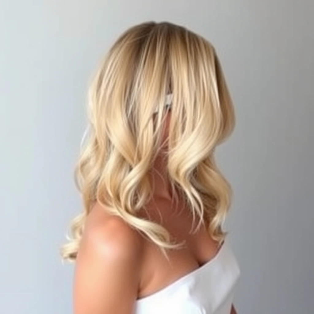 The image features a woman with her hair styled in loose waves, wearing a strapless white dress against a neutral background.