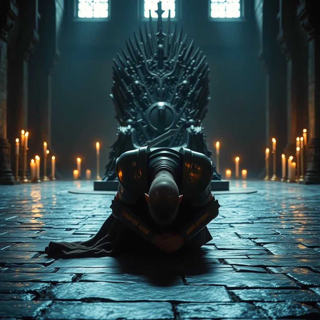 [Scene] This cinematic photograph, rich in detail and dramatic lighting, transports the viewer to a grand hall in medieval Europe. The cold, stone floor reflects the flickering candlelight that dances across the scene, casting long, dancing shadows. In the center of the composition stands a towering, iron throne, its sharp angles and unforgiving metal a symbol of power and authority.  
[Character] Before this imposing throne, a handsome, powerfully built king, clad in heavy plate armor, prostrates himself in fervent prayer. His head is bowed low, touching the cold stone floor, his armored body forming a stark silhouette against the dimly lit background. The weight of his armor and the vulnerability of his posture speak to the burden of leadership and the solemnity of his supplication.