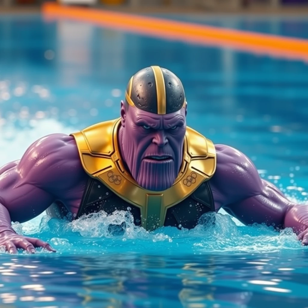 "Purple-faced Thanos participates in the Olympic swimming competition."