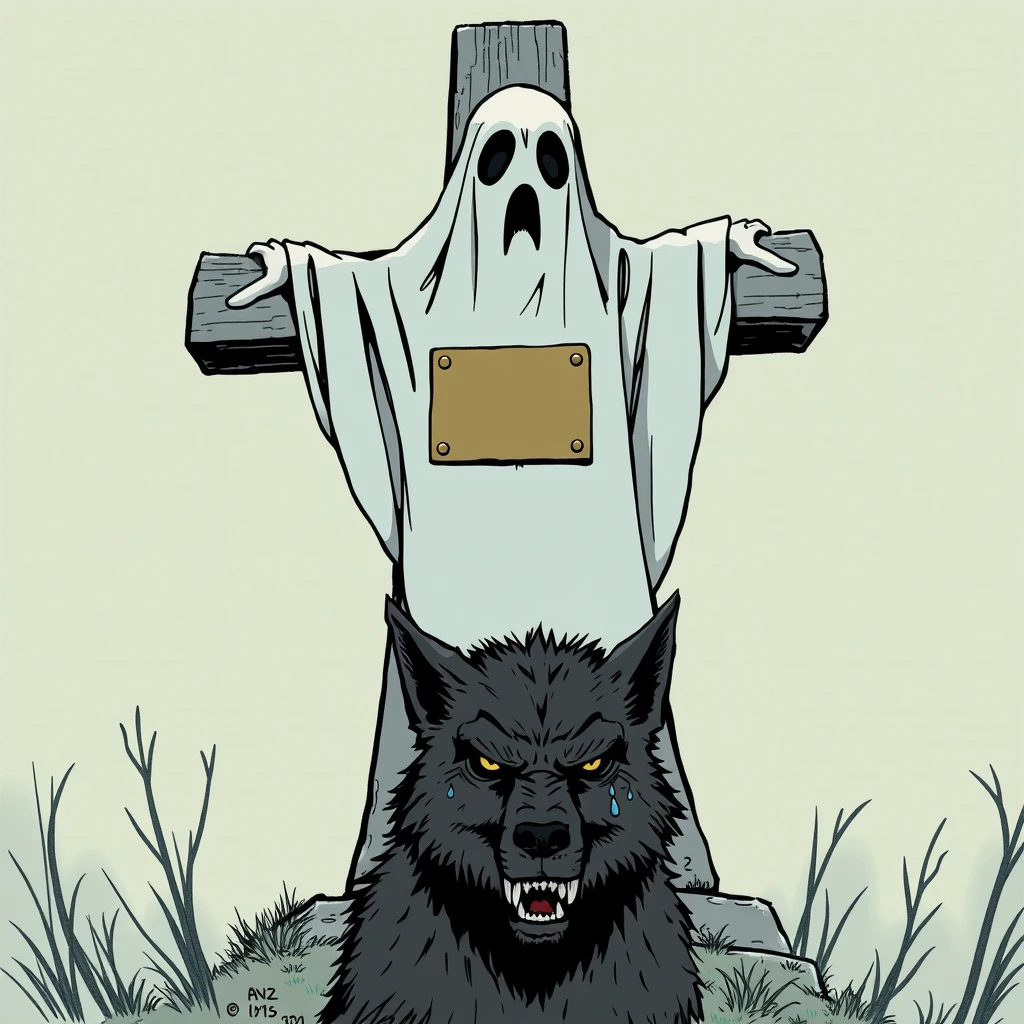 Graphic Novel: A ghost on its grave cross with a brass plaque shrugs, in front of it a werewolf with tears. - Image