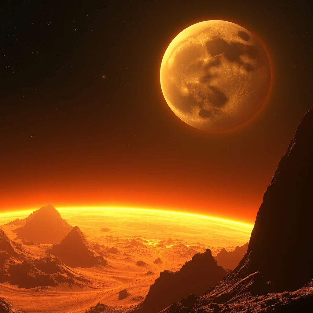 Extremely hot alien planet, large moon in the background.