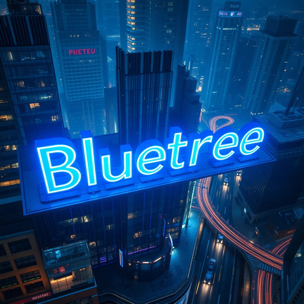 The word "Bluetree" illuminates a nocturnal cityscape as a giant neon sign atop a skyscraper. The letters, 30 feet high, pulse with electric blue light, casting a cool glow over the surrounding buildings. Reflections ripple across glass facades and a rain-slicked street below. Captured from a drone perspective, the composition places the sign at the golden ratio point. The urban environment is rendered in a cyberpunk style, with streaks of light from passing vehicles creating dynamic leading lines to the central text.