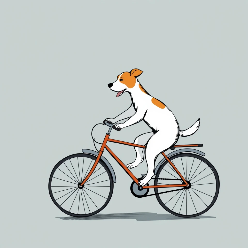 Dog riding a bicycle, simple strokes, few color elements, cute