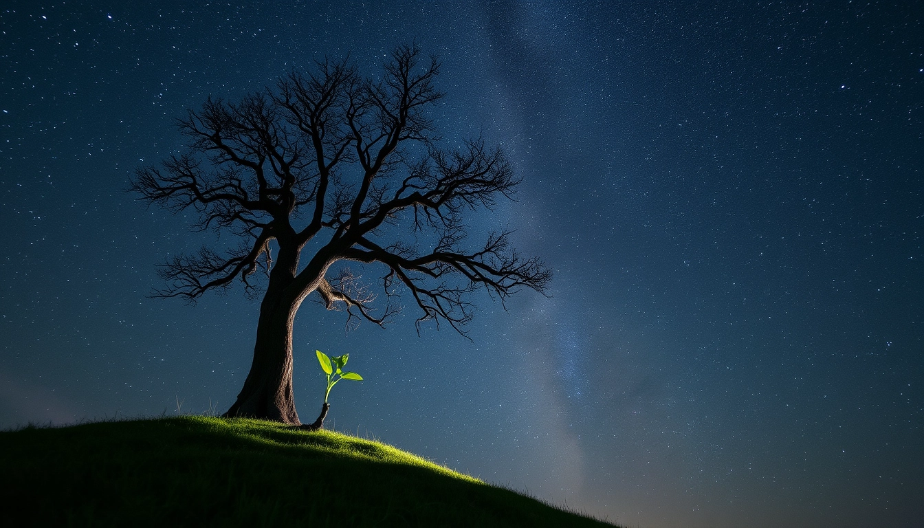 A seed slowly germinates, growing into a big tree, emitting silver light under the vast sky, with stars scattered.