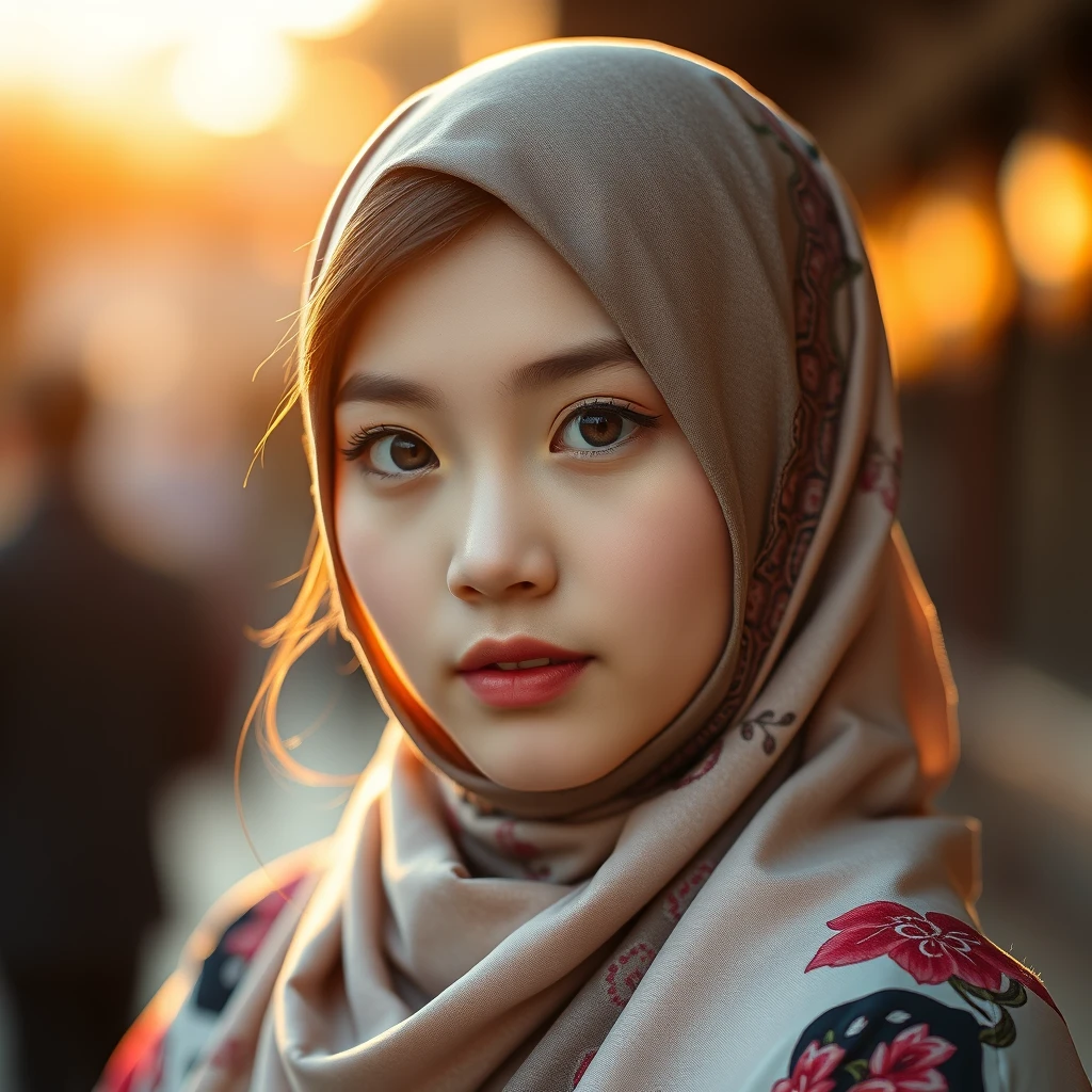 a Japanese beautiful hijab girl, intricate detail, bokeh, golden hour - Image