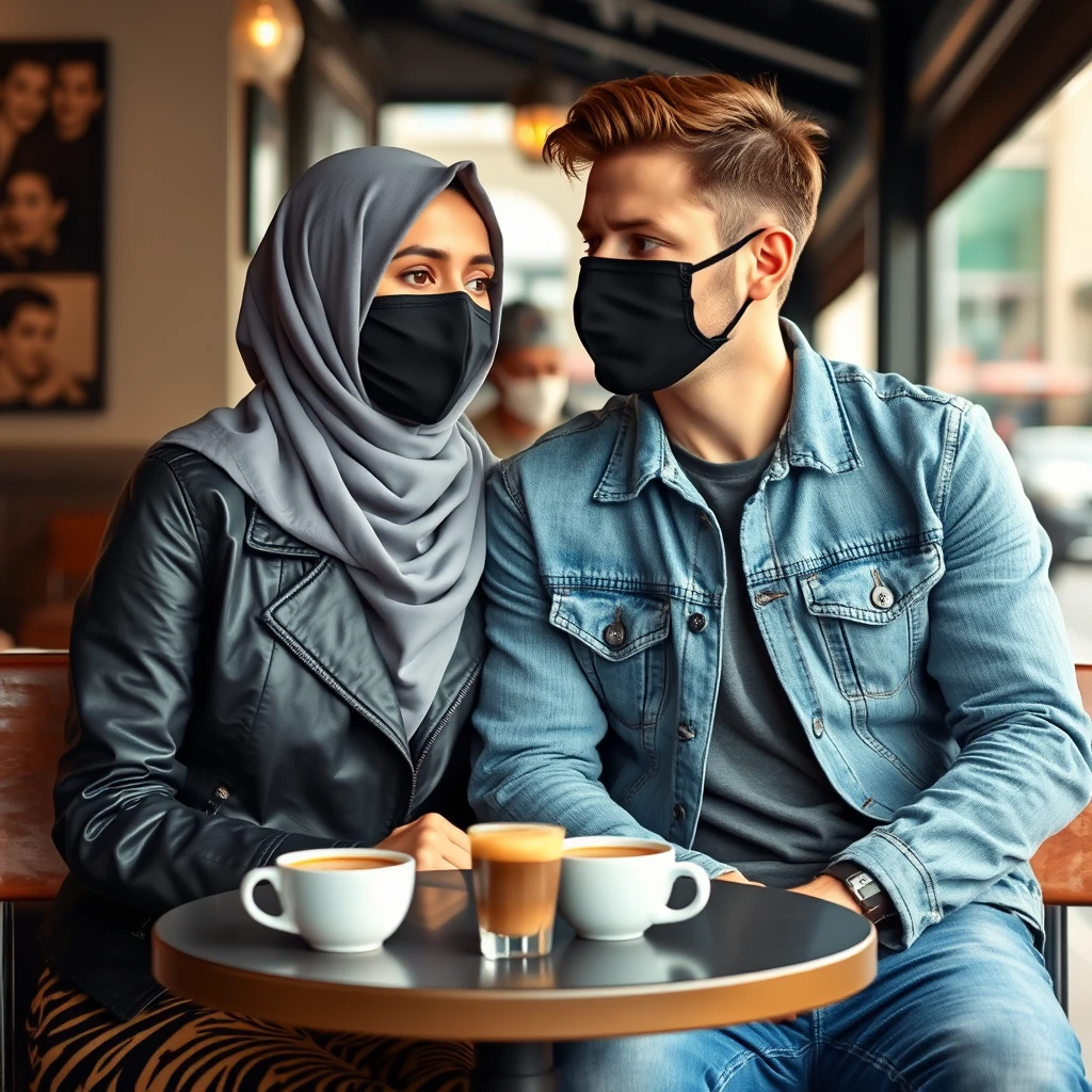 Jamie Dornan's head and body shot, handsome, black face mask, blue jeans jacket, jeans, dating a Muslim girl in a grey hijab, beautiful eyes, black face mask, black leather jacket, wearing the biggest tiger pattern skirt, at a cafe, two cups of latte on a table, photorealistic.