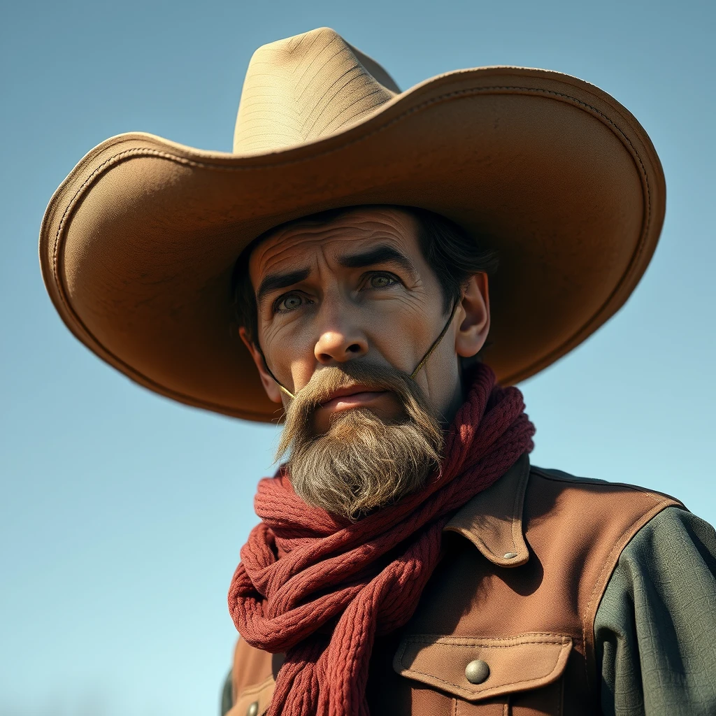 A photo realistic picture of an old west cowboy, but wearing a giant hat and giant boots. - Image