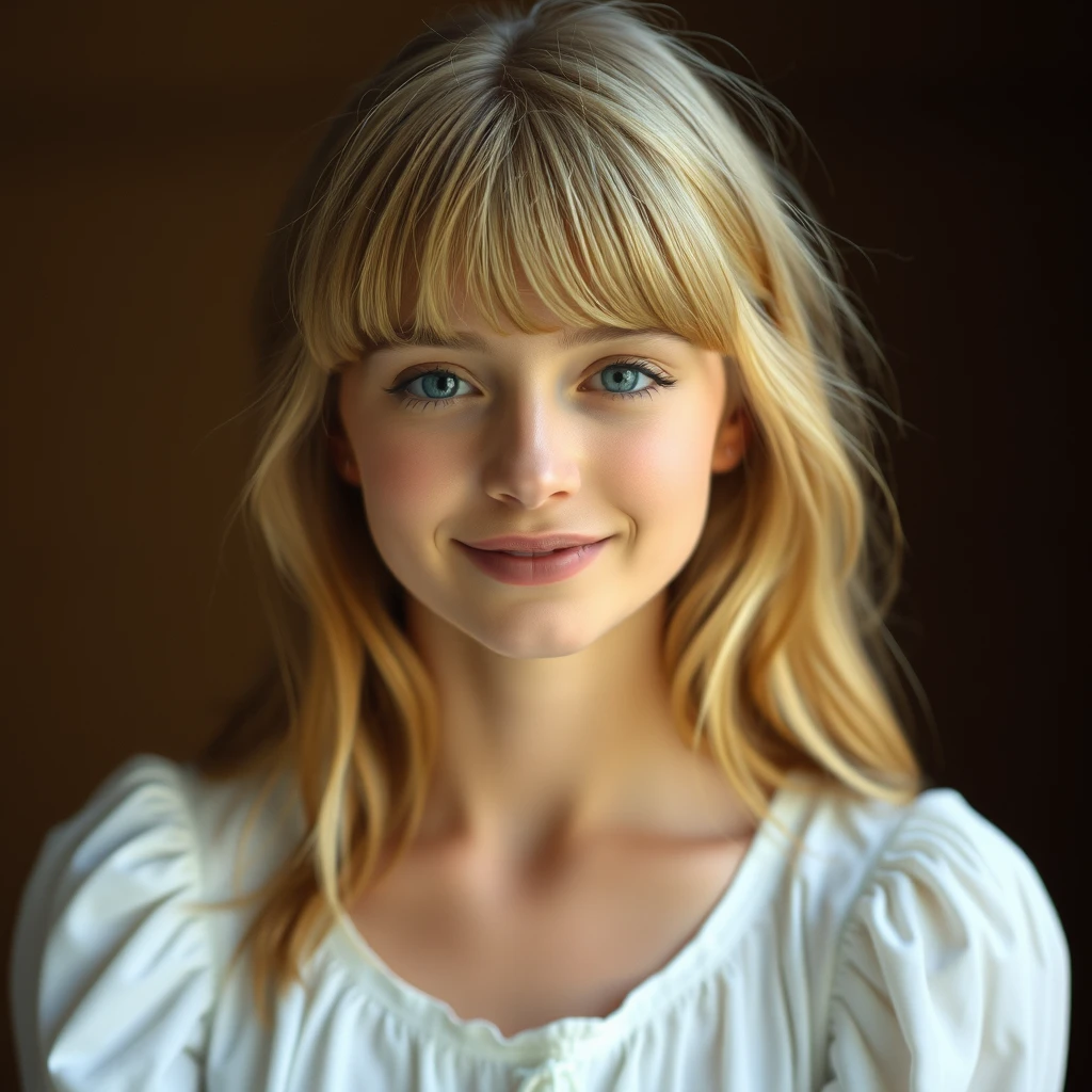 A serene, blissful scene of a young woman in a white dress. The scene feels authentic and unpolished. Her blonde bangs frame the sides of her face.