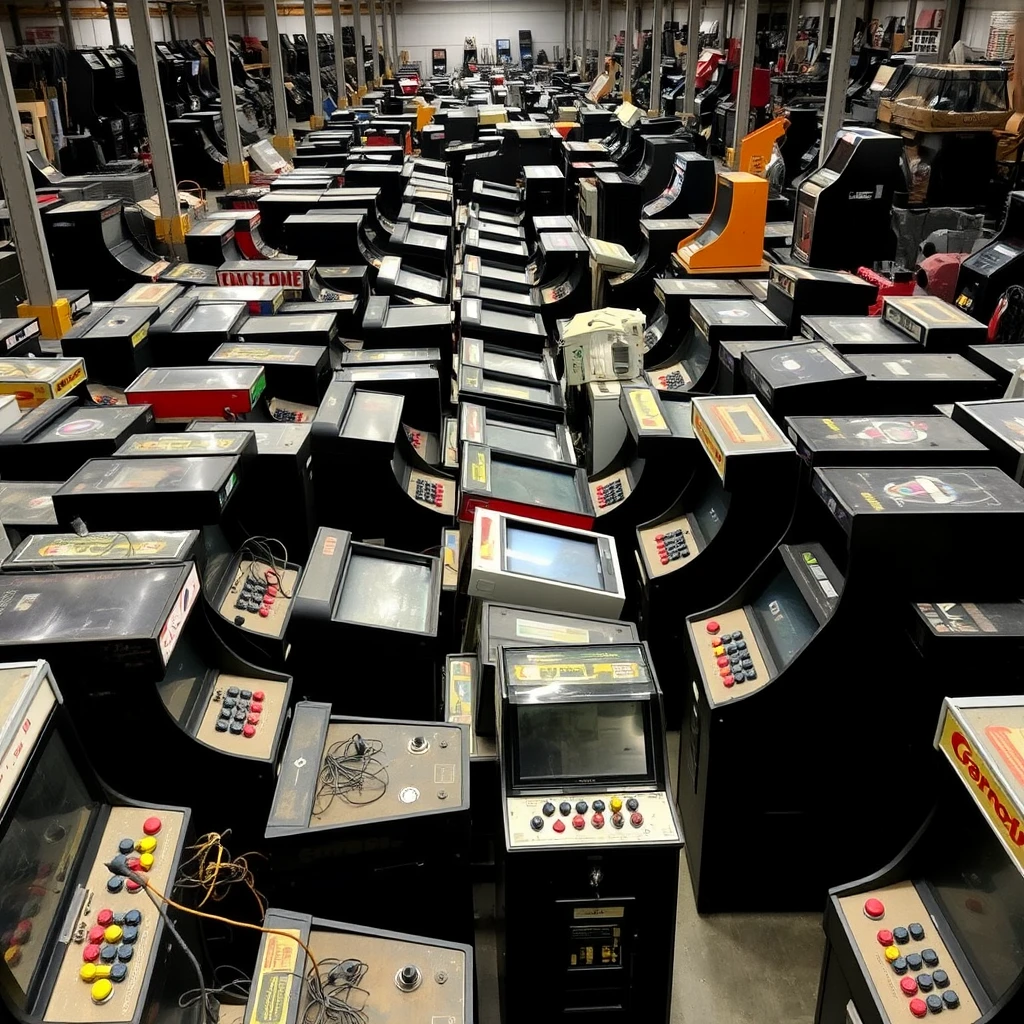 Photograph of an old warehouse with rows and rows of old arcade machines. The machines are packed in. All standup style machines and colors of machines. Some taken apart with wires. Dust on the machines. Many of the machines are black, but some are other colors. They have control panels with joysticks and buttons. The photo is taken from above, looking down.