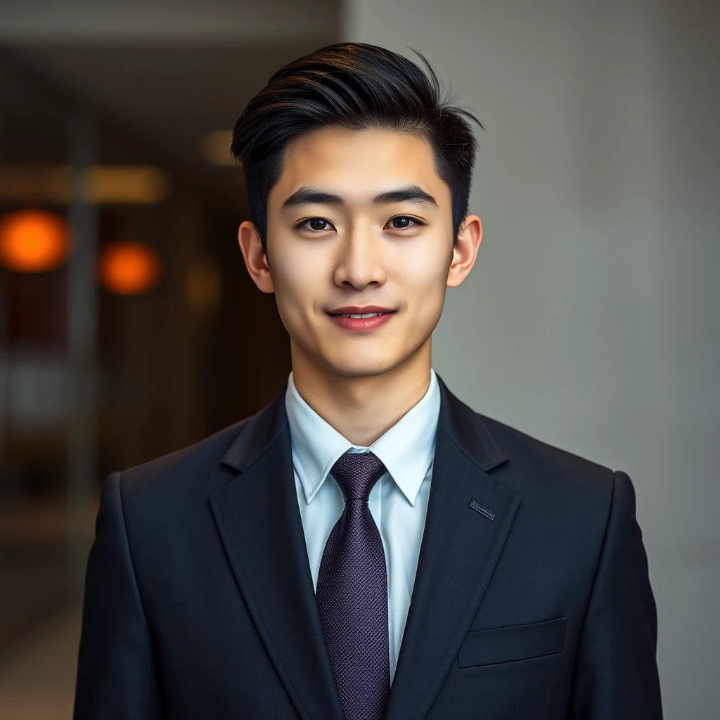 "High-definition formal ID photo of a young handsome man in a suit in China."