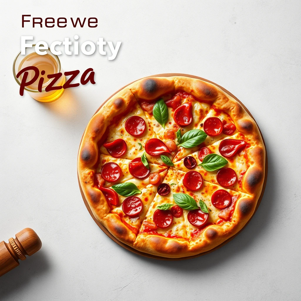 Promotional banner for pizzas showing photorealistic and attractive pizza with the text "Pizza" written in a non-intrusive way. - Image