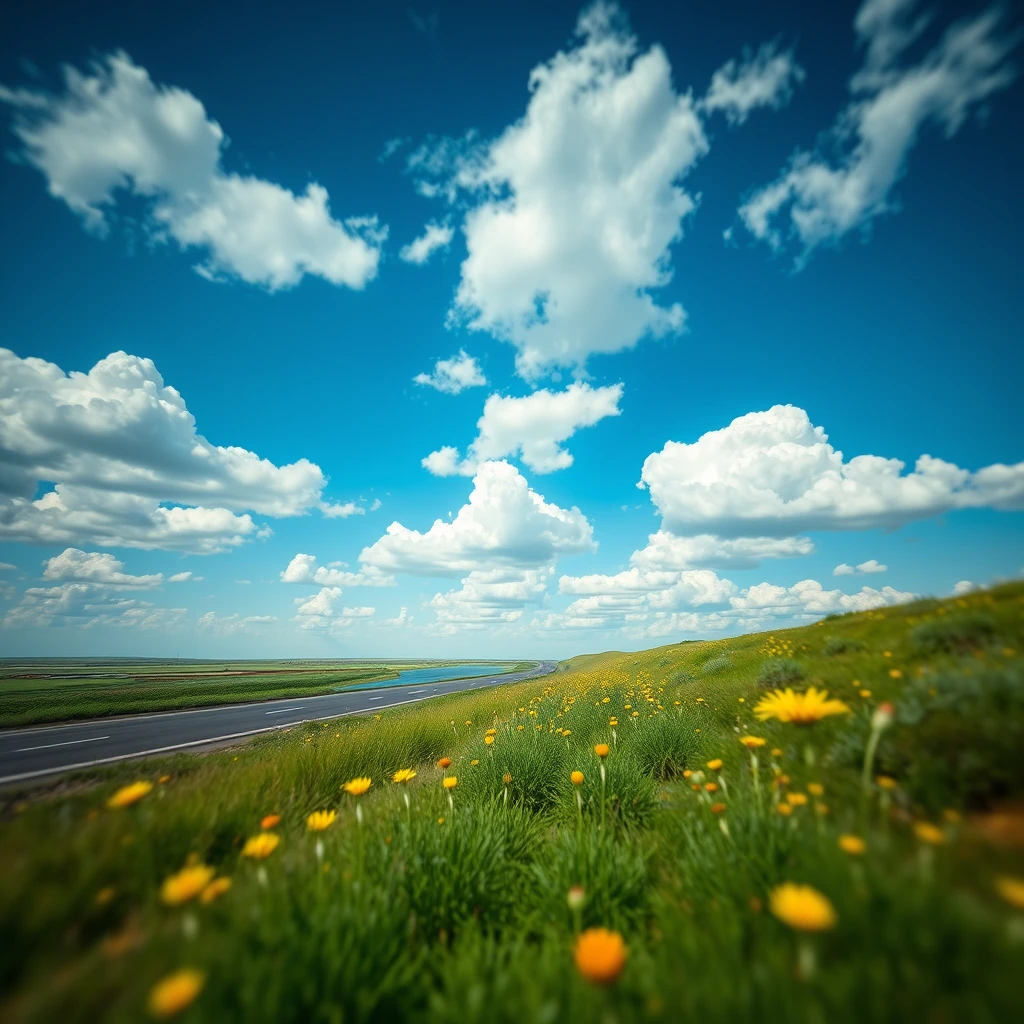 Outdoor, blue sky, white clouds, (transparent glass material: 1.4), (no people's faces), road, river, (flowers: 1.2), grassland, green plants, yellow flowers, green flowers, strong contrast, depth of field, masterpiece, HD details, wallpaper, 3D art, C4D, OC rendering, surrealism, (no bottle), - Image