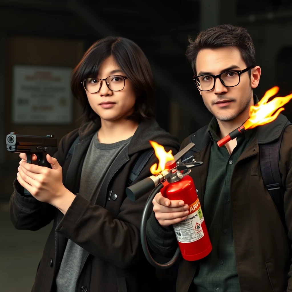 White Chinese man, 21 years old, with square prescription glasses and mid-length/long hair holding a pistol; (20-year-old white Italian man with round prescription glasses and short hair holding a flamethrower built with a fire extinguisher).