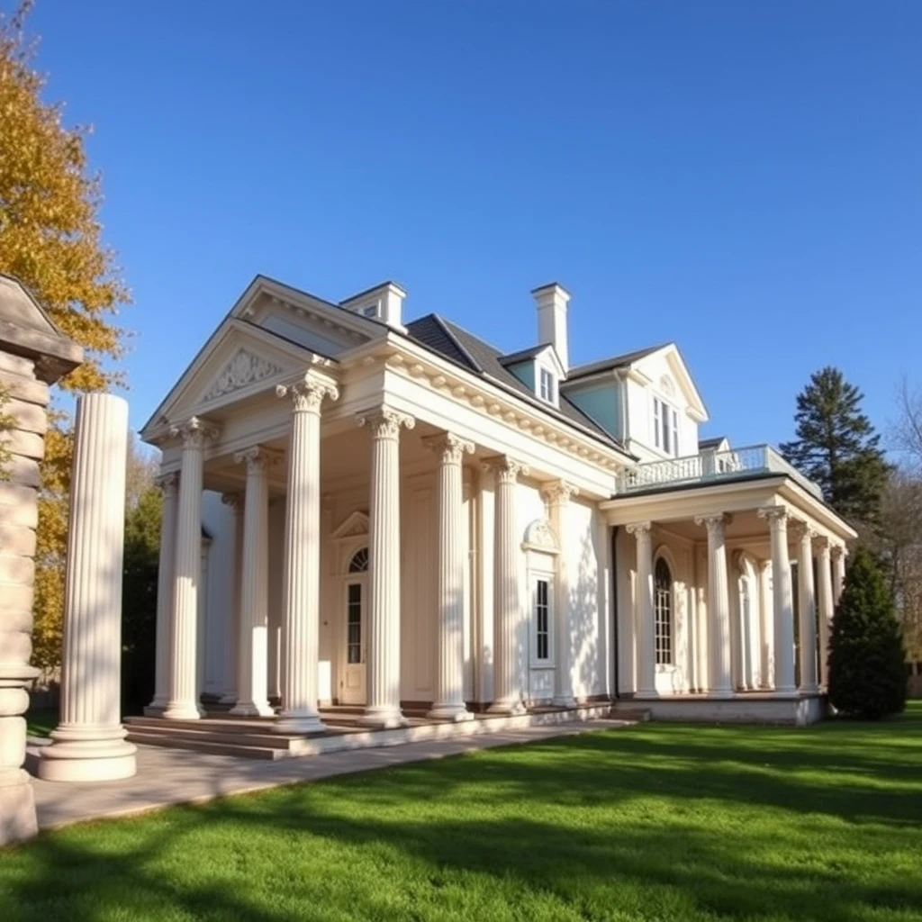 A beautiful 19th century Russian country house in empire style with columns.