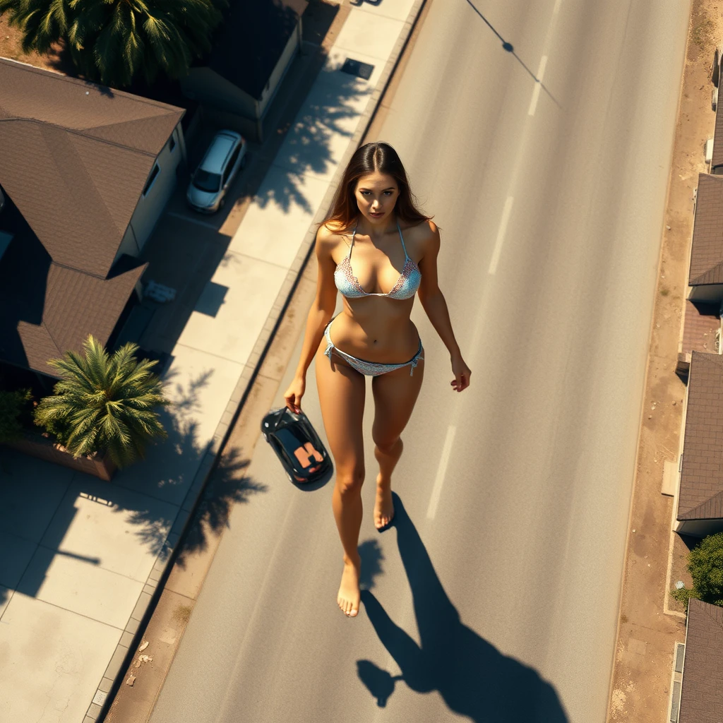 Aerial view of town, 50 meter tall attractive giant woman in bikini standing in neighborhood street, she is holding a car in one hand, realistic shadow. - Image