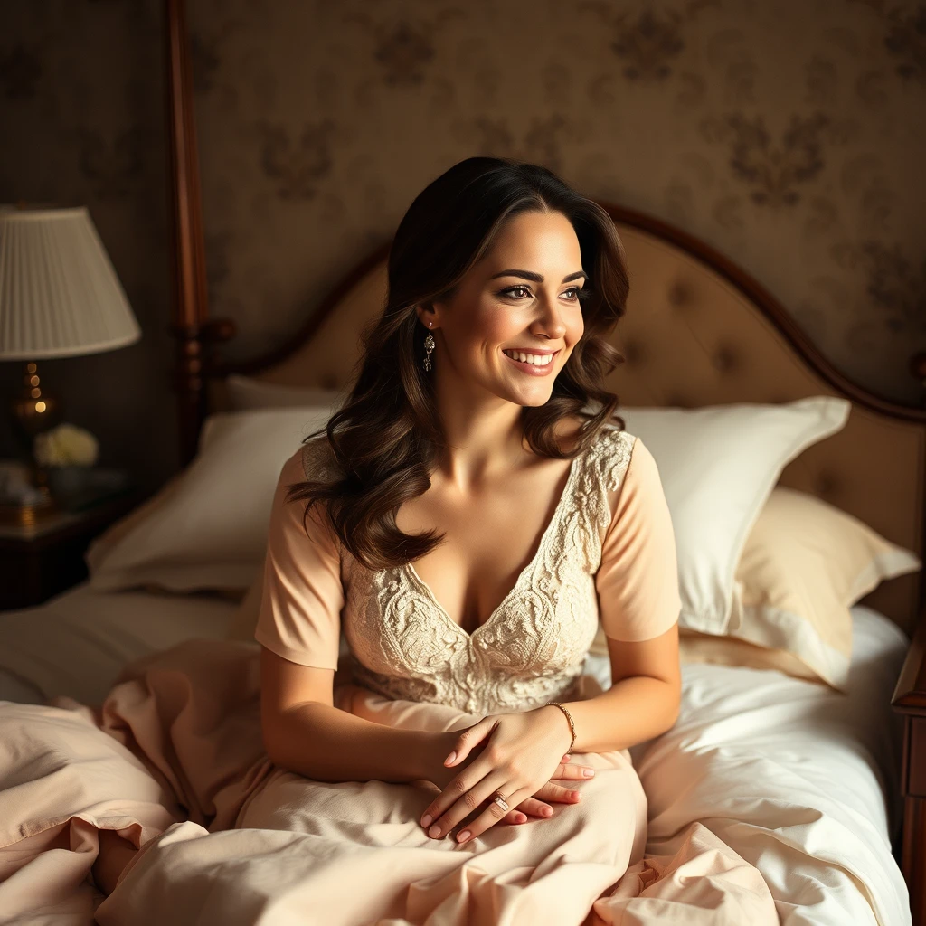 Kate Middleton in her bedroom on the bed. - Image