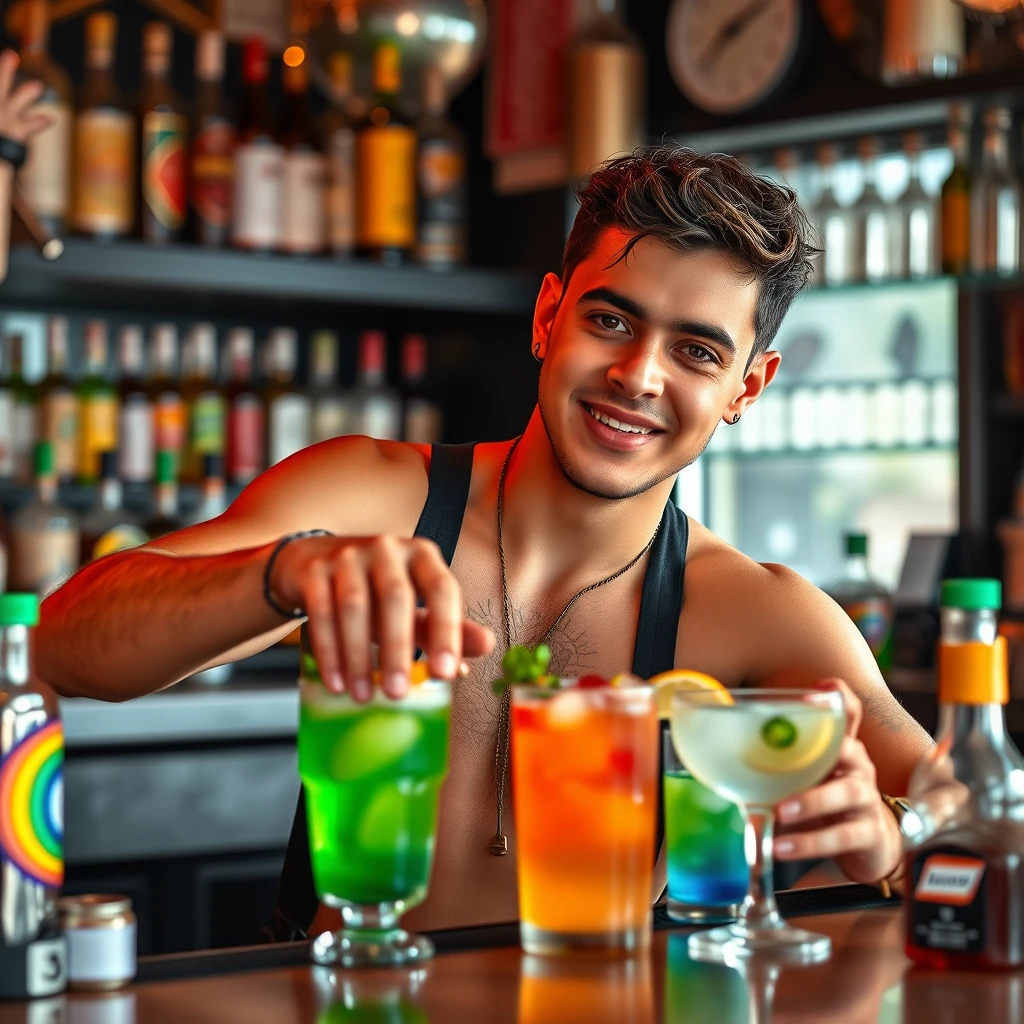 Young northeastern Brazilian LGBT boy working as a bartender, LGBTQ+ bar setting, serving colorful drinks.