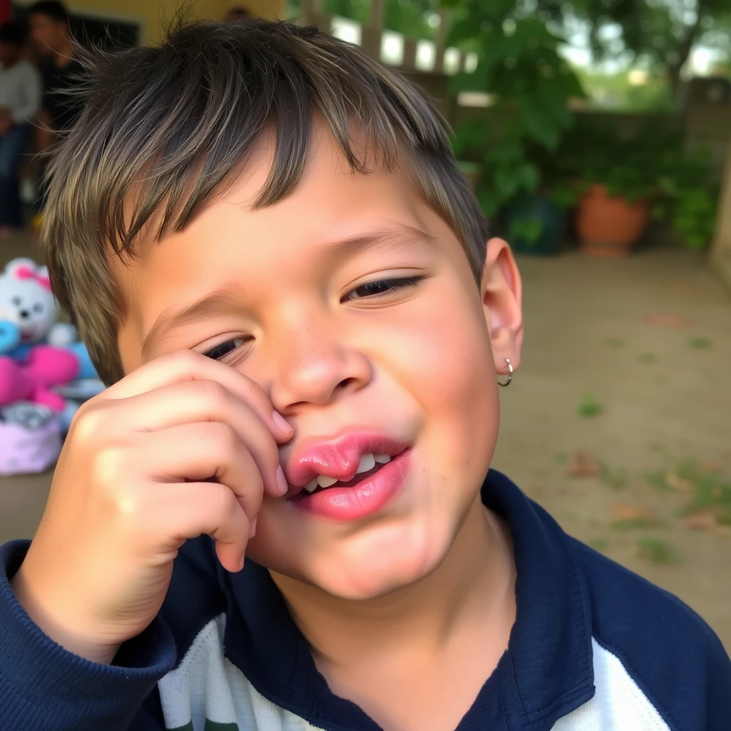 A boy licking his face.