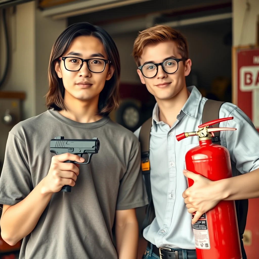 21-year-old White Chinese man with square glasses, medium long hair, holding a pistol; 20-year-old White Italian man with round prescription glasses and short hair holding a very large fire extinguisher, in a garage setting. - Image