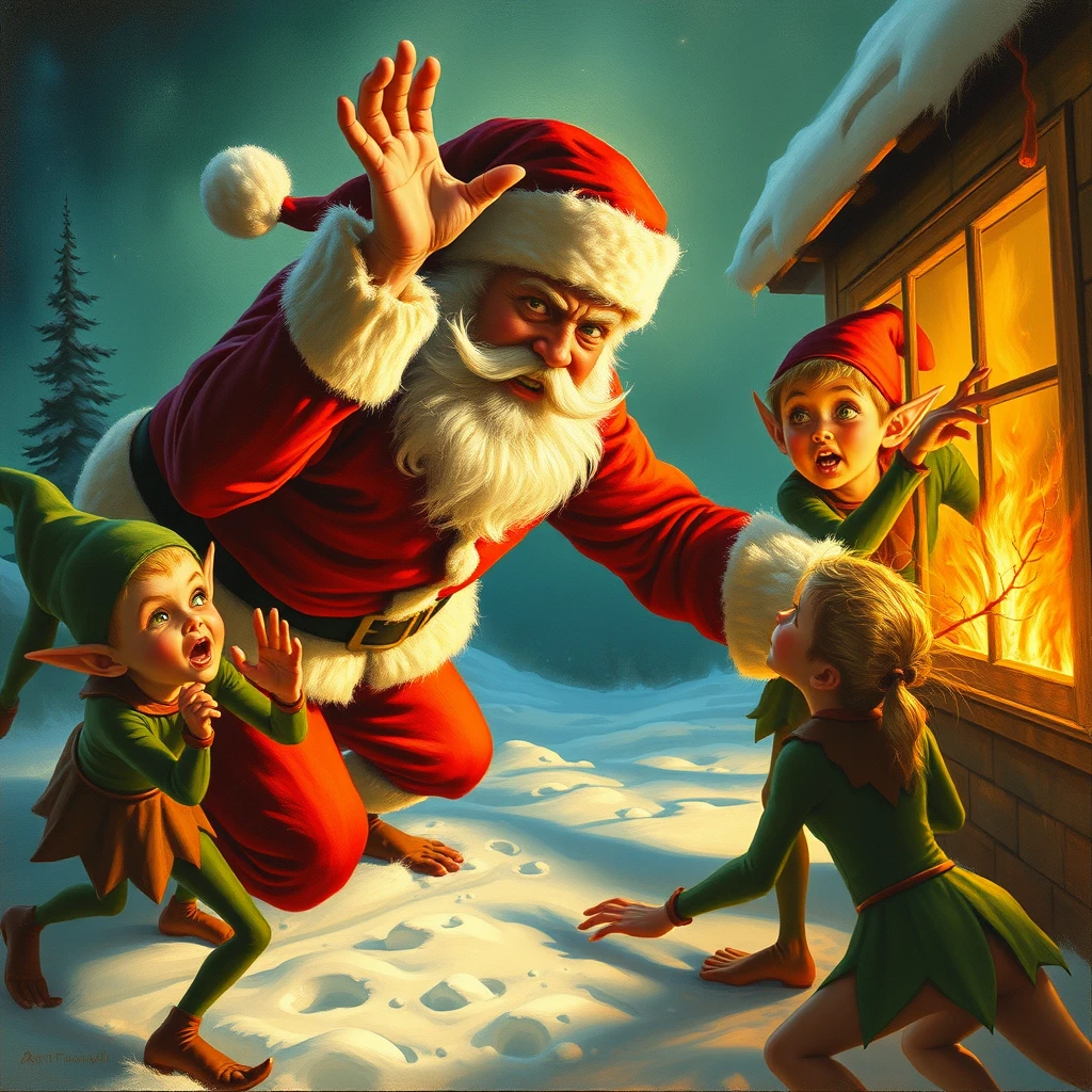 Santa farted again, elves are cowering in terror, a painting by Arthur Sarnoff.