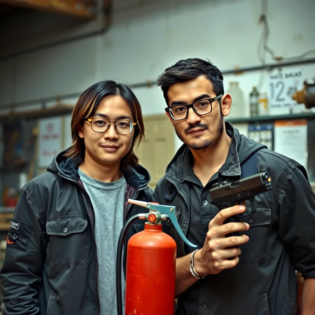 A 21-year-old white Chinese man with square prescription glasses and mid/long hair, and a 20-year-old white Italian man with round prescription glasses and short hair, are together in a setting resembling an old garage. The Italian man is holding a welding torch built into a fire extinguisher, while the Chinese man is holding a pistol.