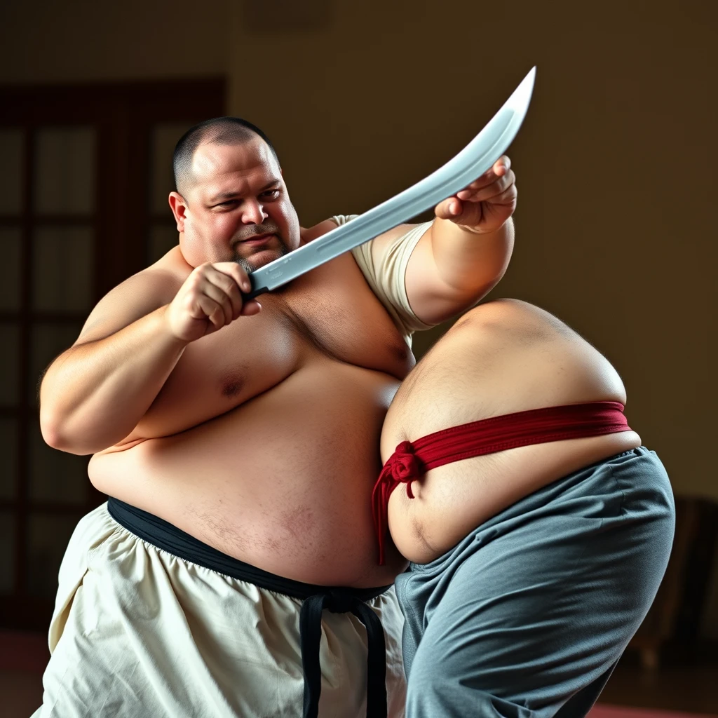 A fat, muscular middle-aged man is practicing martial arts. He is holding a long knife with the tip pointed at the belly of another fat man, 4k, hd. - Image