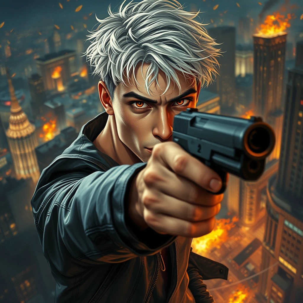 A young adult male with a gun aimed at the camera, short white hair, red eyes, black leather jacket, muscular figure, playful gaze, city night scene, high altitude, flames, explosions, black series, scattered bullet shells, iron chains, messy hair, character facing the camera, upper body, movie level lighting, thick painting style, ultimate color application, oil painting texture, Van Gogh style, Impressionist style, delicate brushstrokes, unclear line drawings, brilliant colors, soft light and shadow, 2.5D, Van Gogh's work. - Image