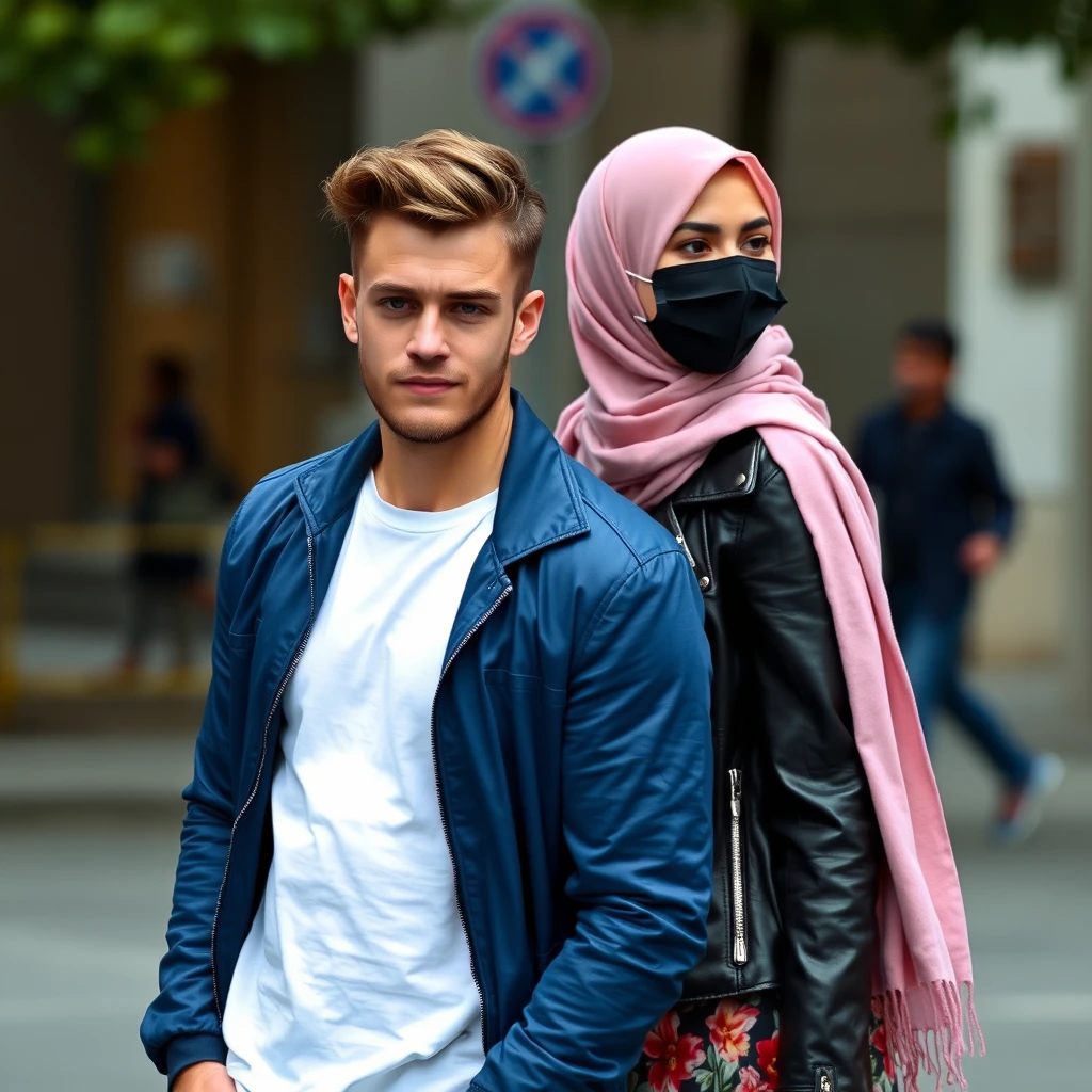 Jamie Dornan's face, hair, and body shot, handsome, young, shaved, white T-shirt, blue jacket, jeans, dating love with the biggest soft pink hijab, black leather jacket, black face mask, biggest floral skirt, hyper realistic, street photography. - Image