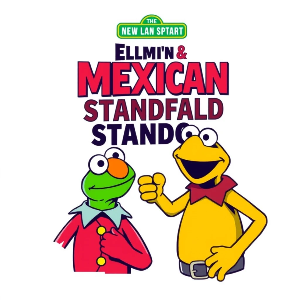 Vibrant t-shirt design with white background, graphic design vector, create a movie poster with a title that relates to Elmo and Kermit the Frog having a Mexican standoff.