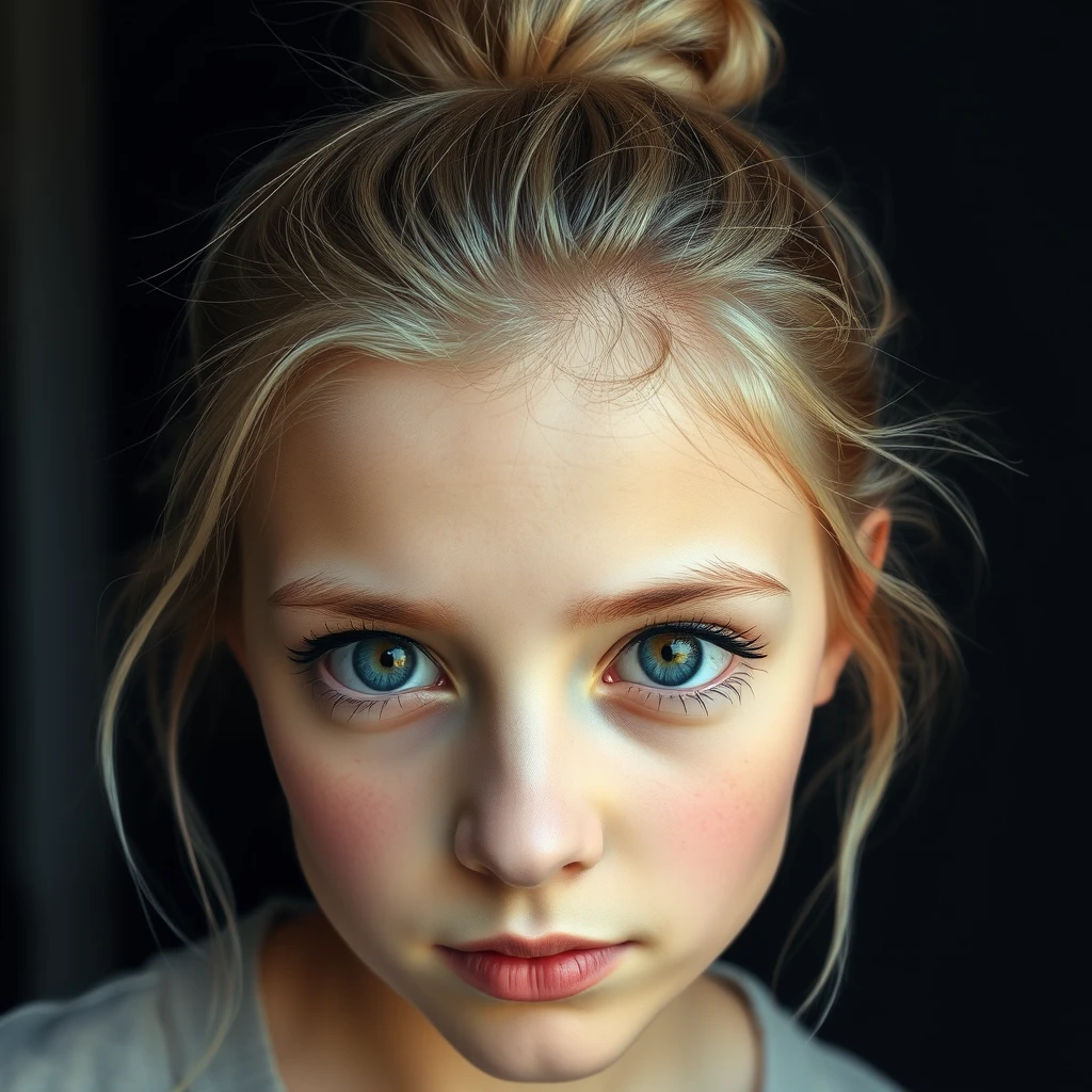 an eye contact of a blond with bun hair and dark theme - Image