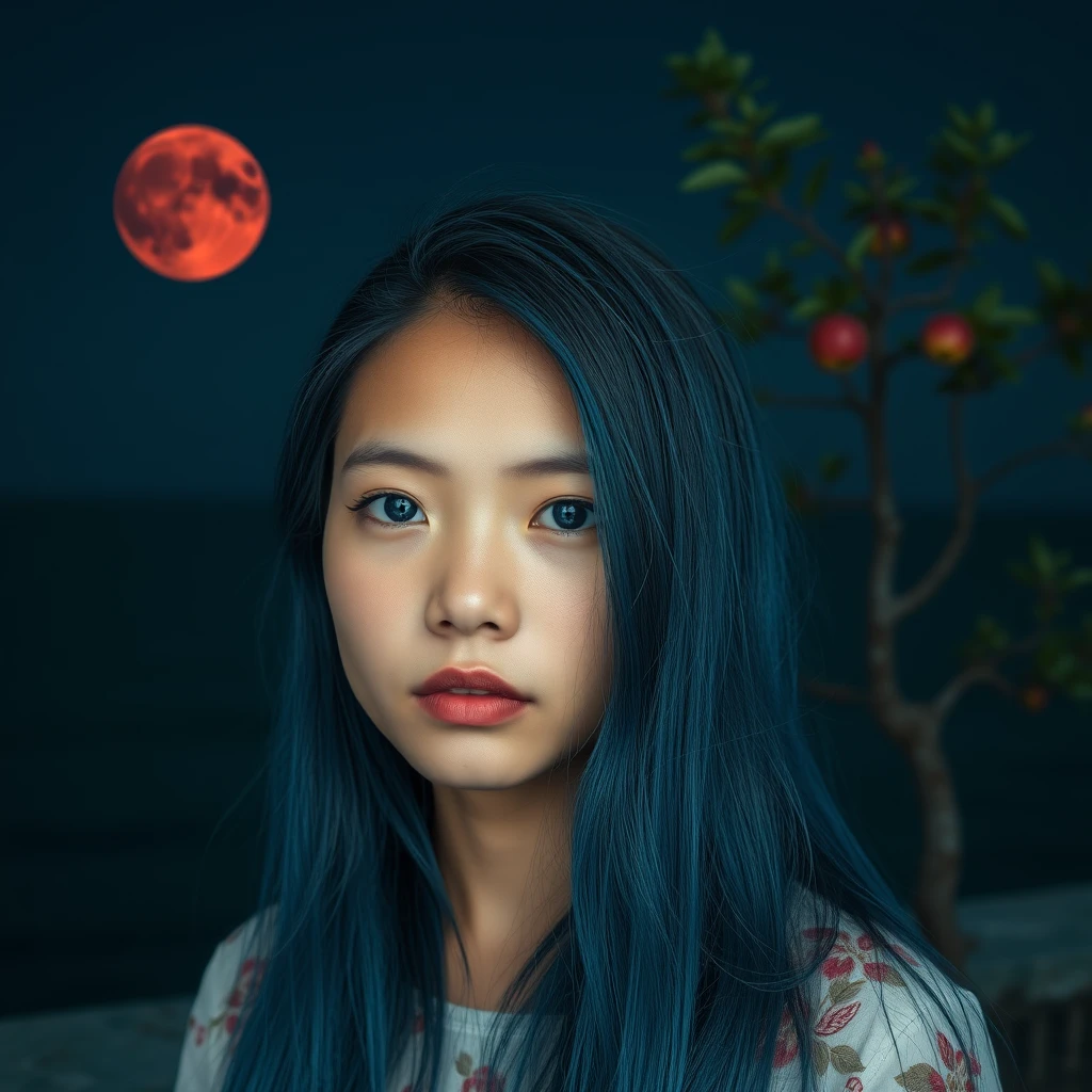 Portrait of Vietnamese girl, 30 years old, long blue hair, blue eyes, background dark green ocean, larger red moon, one apple tree, taken by Leica M11 camera, noctilux lens.