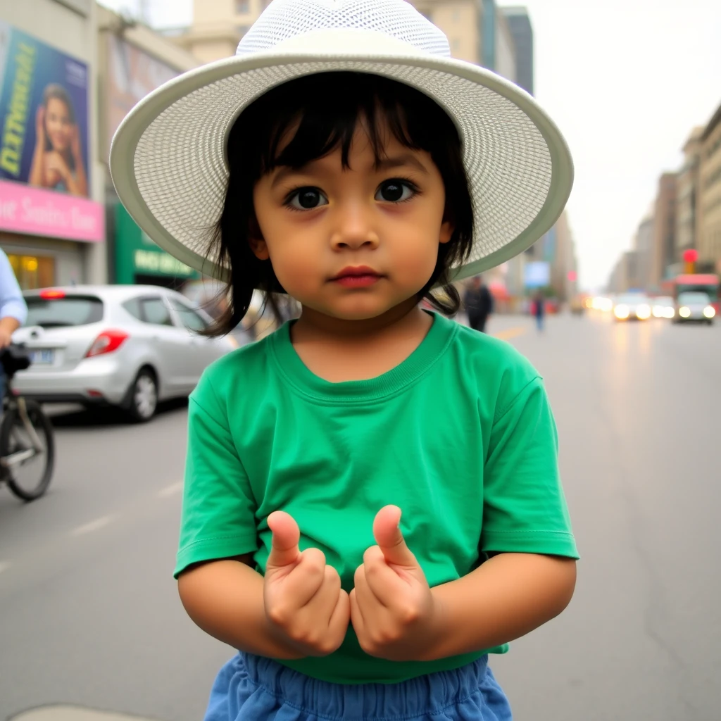 A 4 year old girl holding her hands in front of her, wearing a white sun hat, green t-shirt, and blue pants, with a busy city street in the background and an overcast sky. - Image