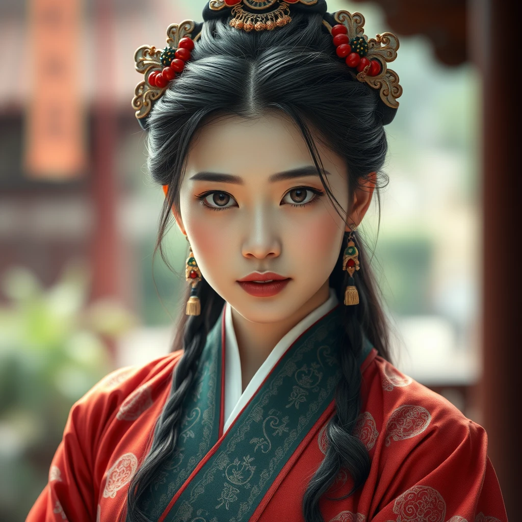 (1 girl: 1.3), (best quality, masterpiece, ultra-high resolution, 4K, HDR, UHD, 64K, official art), (photorealistic: 1.3), (realistic: 1.3), depth of field, (portrait: 1.3), (safe for work: 1.4), ancient style, traditional Chinese clothing. - Image