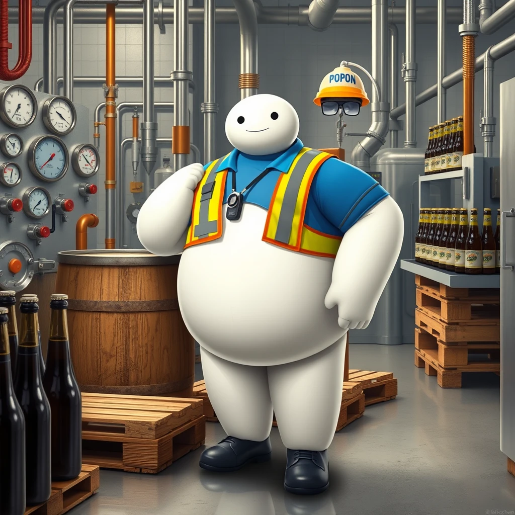 Baymax in a beer bottling plant surrounded by machinery, a barrel, gauges, measuring instruments, pallets, beer bottles, dressed in a blue polo uniform that covers his entire torso, safety elements, a reflective vest, safety shoes, a walkie-talkie, protective glasses, blue cargo pants, and a yellow helmet that has the word POPON written on it. The clothing has POPON written on it.