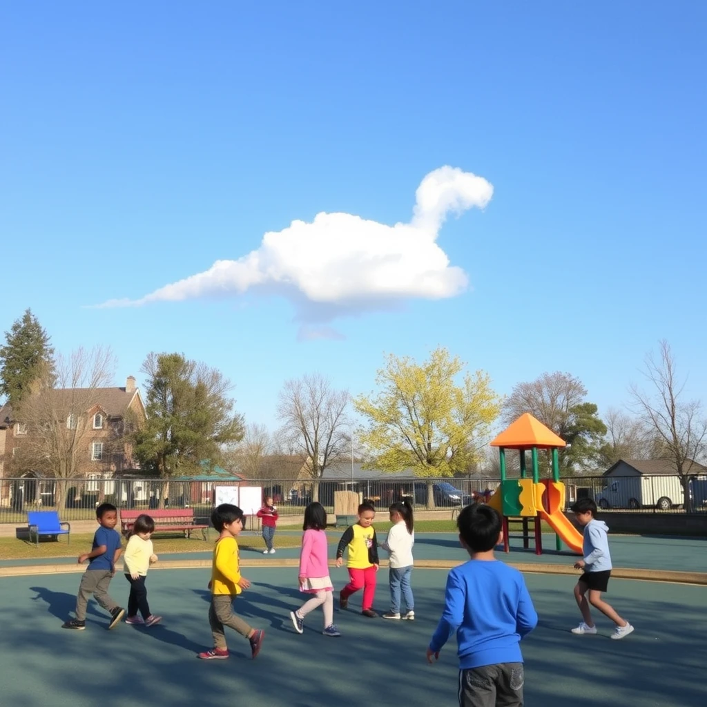 Children playing in a playground on a clear day with a single cloud in the shape of a dinosaur.